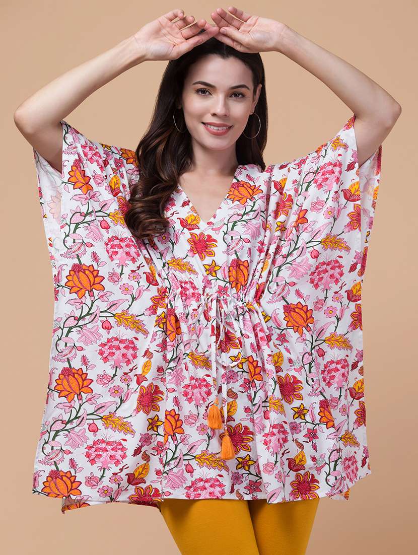 white rayon printed kaftan - 21291750 -  Zoom Image - 0