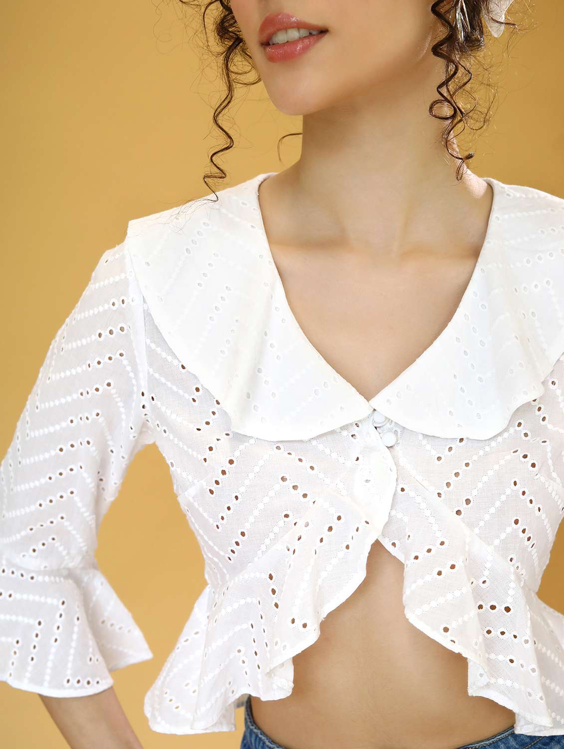 women ruffled detailed schiffli high-low top - 21295243 -  Standard Image - 5