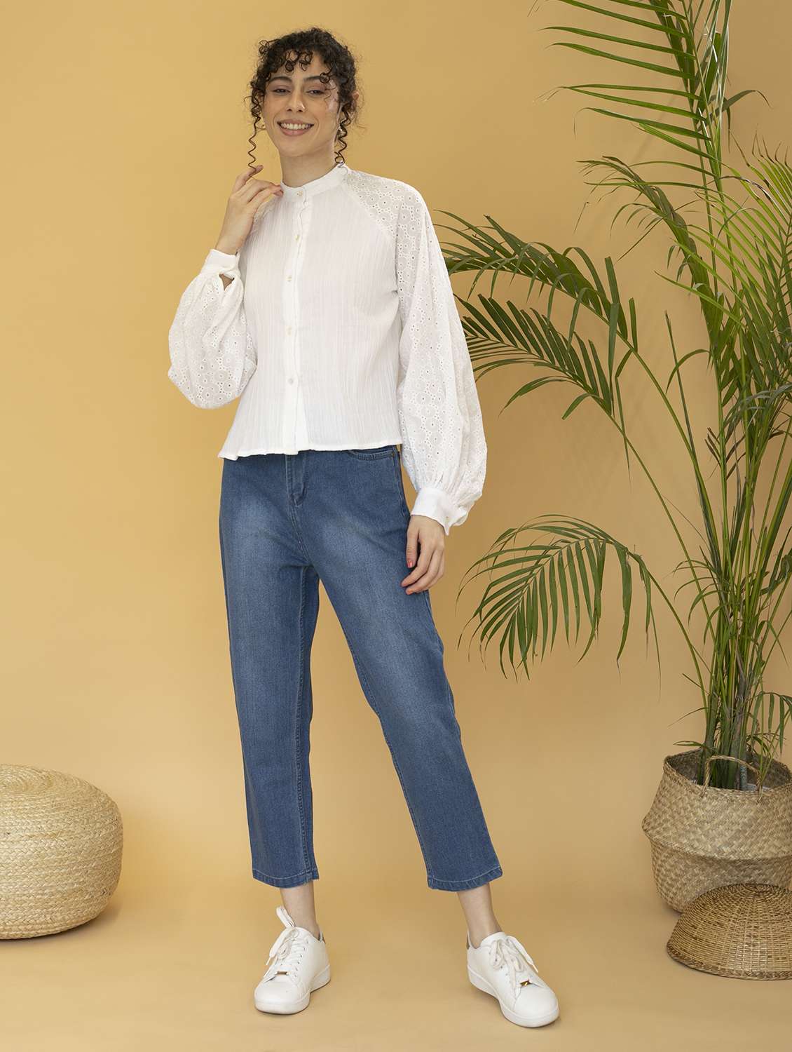 women optic white regular fit mandarin neck schiffli top - 21295244 -  Standard Image - 3