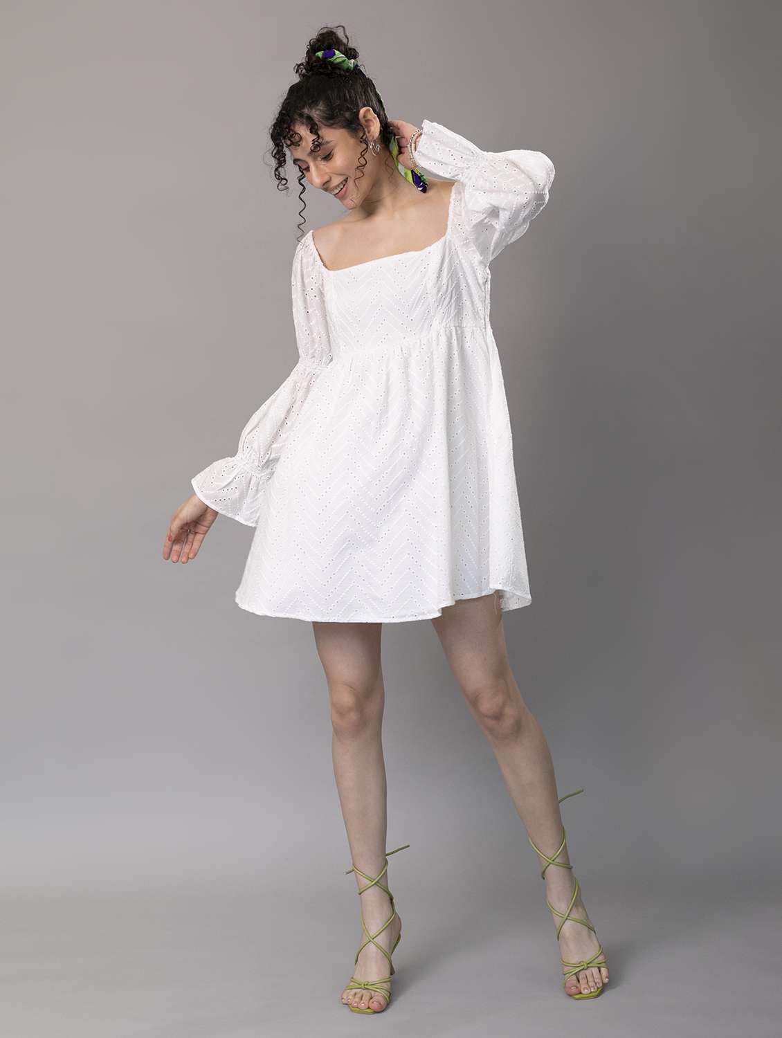 women puff sleeves schiffli a-line dress - 21295437 -  Zoom Image - 0