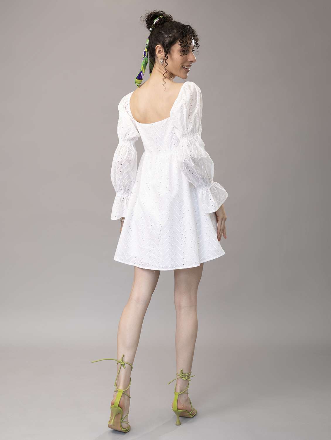 women puff sleeves schiffli a-line dress - 21295437 - Standard Image - 3