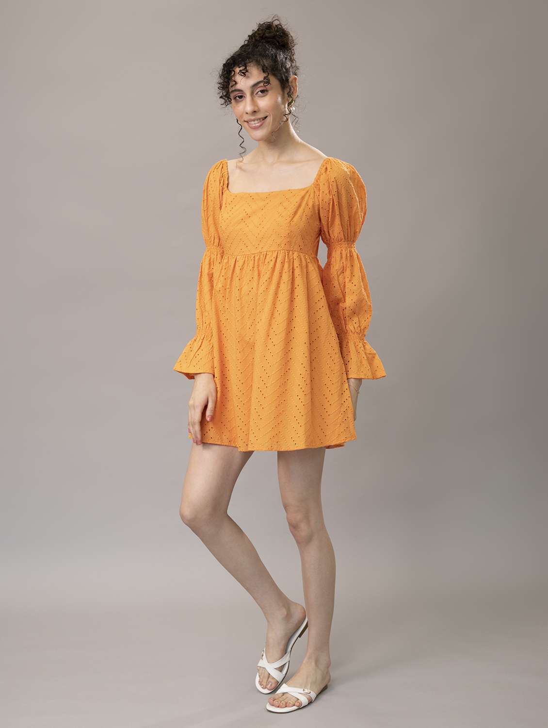 women puff sleeves schiffli a-line dress - 21295438 - Standard Image - 3