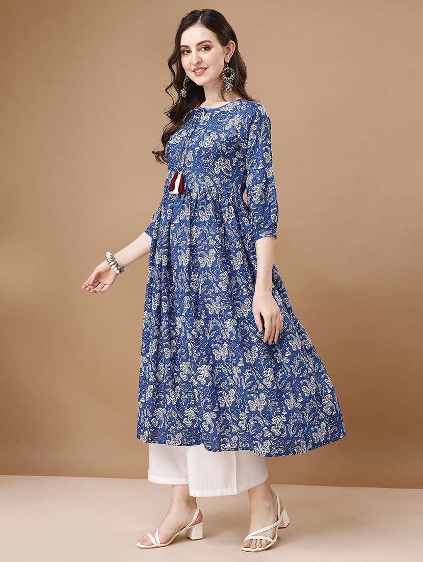 blue cotton blend flared kurta - 21295462 - Zoom Image - 0