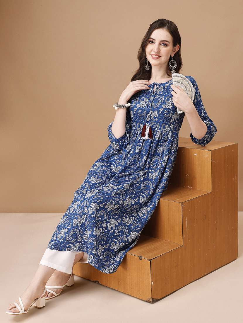 blue cotton blend flared kurta - 21295462 - Standard Image - 3