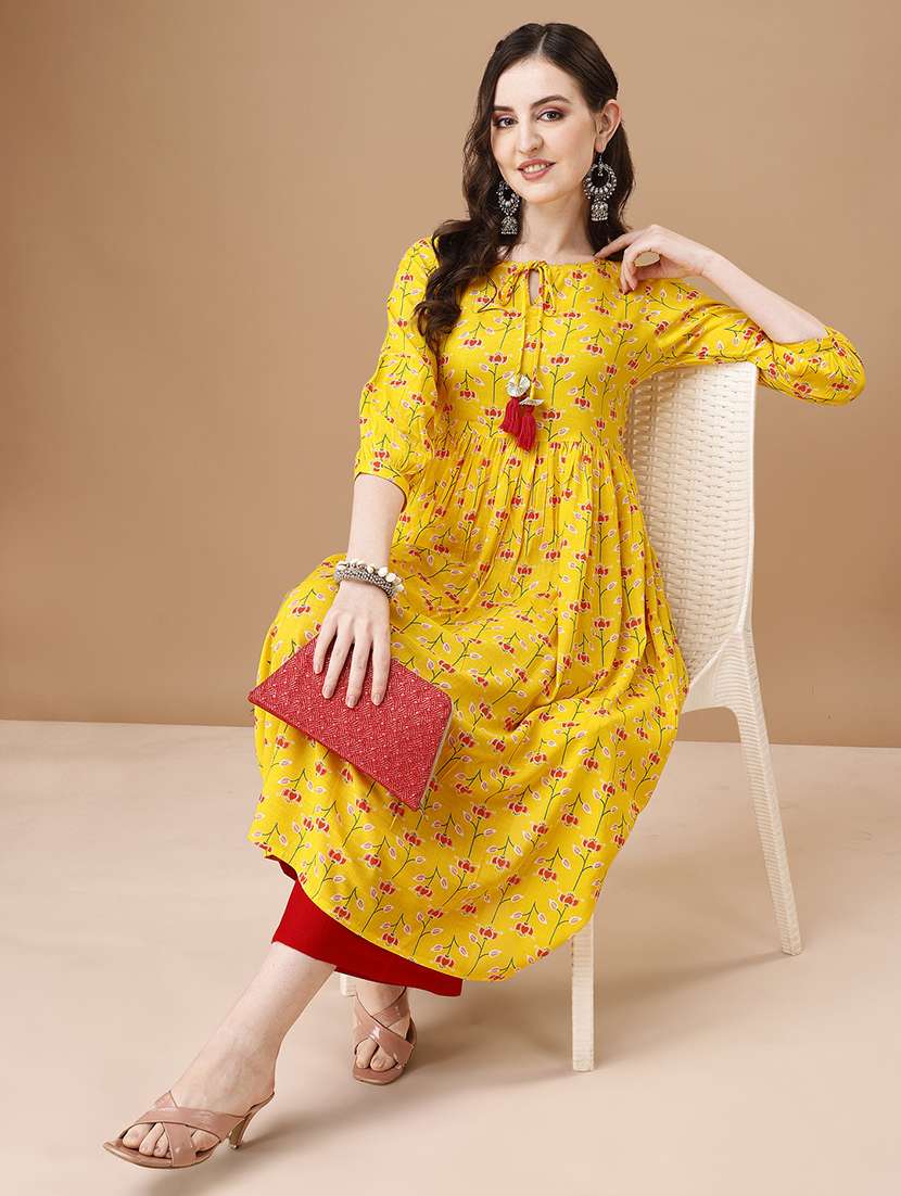 yellow cotton blend flared kurta - 21295465 - Standard Image - 3