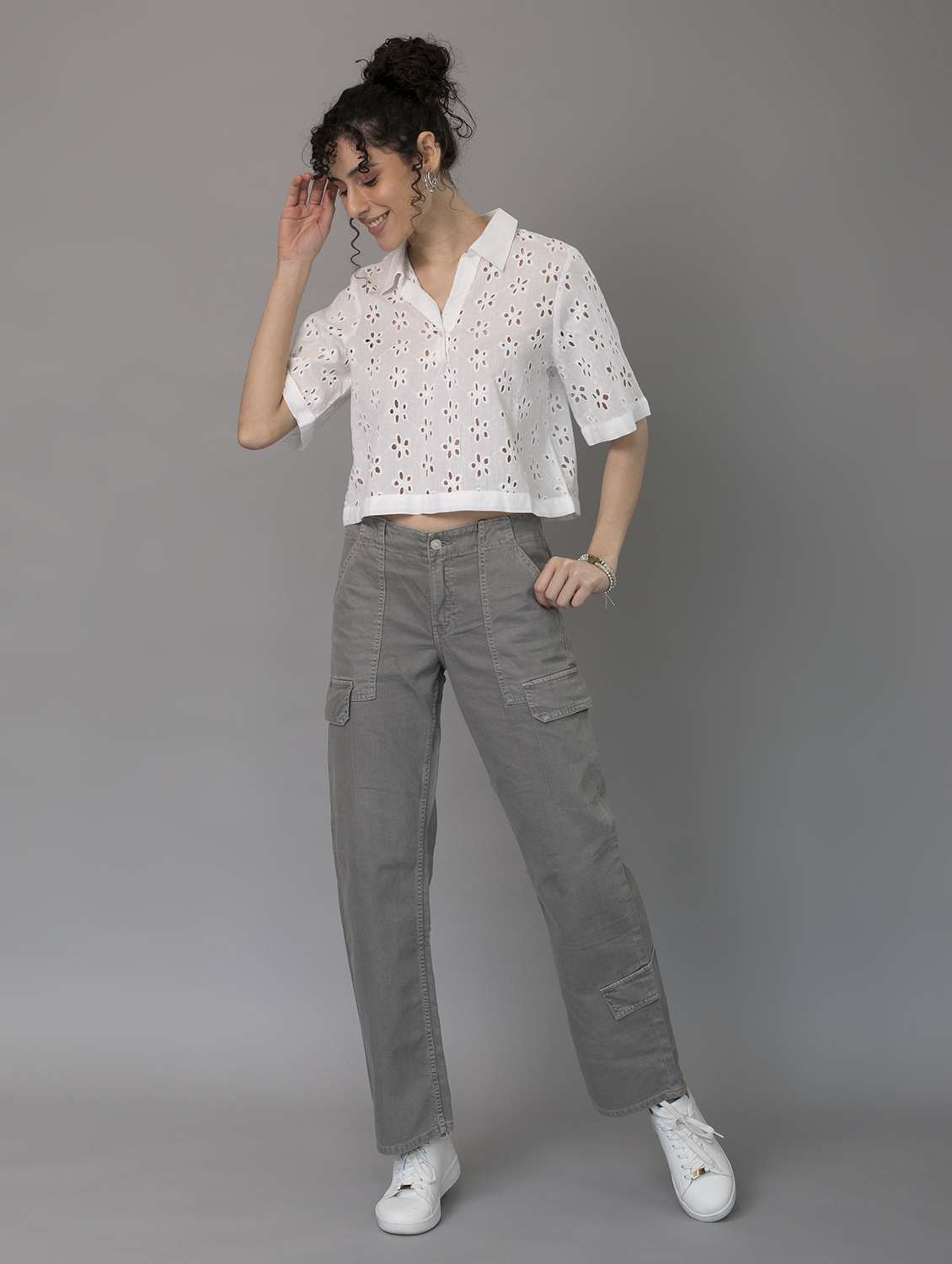 women schiffli collared  crop top - 21295698 -  Standard Image - 3