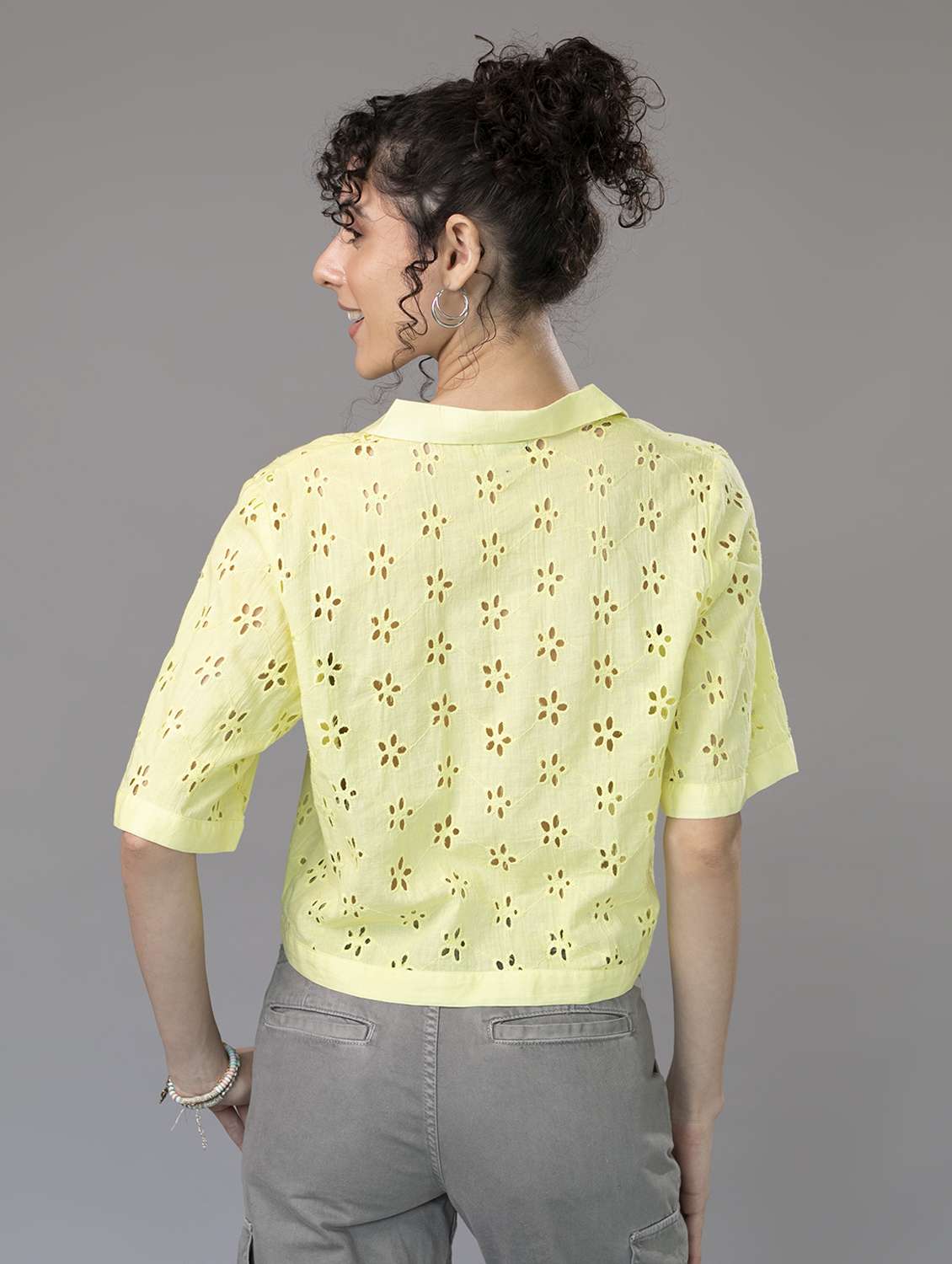 women yellow schiffli collared crop top - 21295704 -  Standard Image - 3
