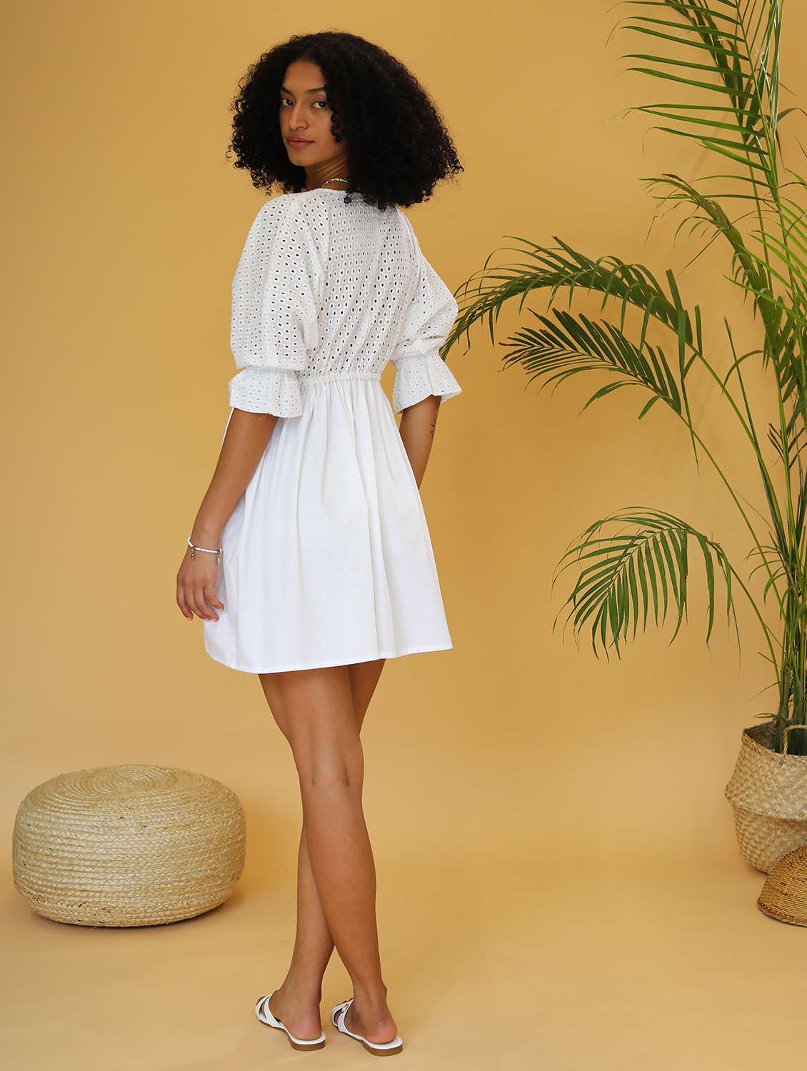 women white schiffli batwing sleeves a-line dress - 21295824 -  Standard Image - 3