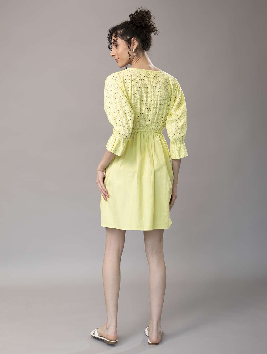 women yellow schiffli btwing sleeves a-line dress - 21295825 -  Standard Image - 3
