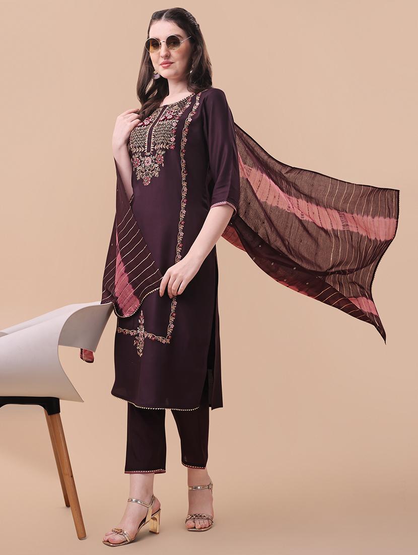 purple self design kurta & dupatta set - 21296012 - Standard Image - 3