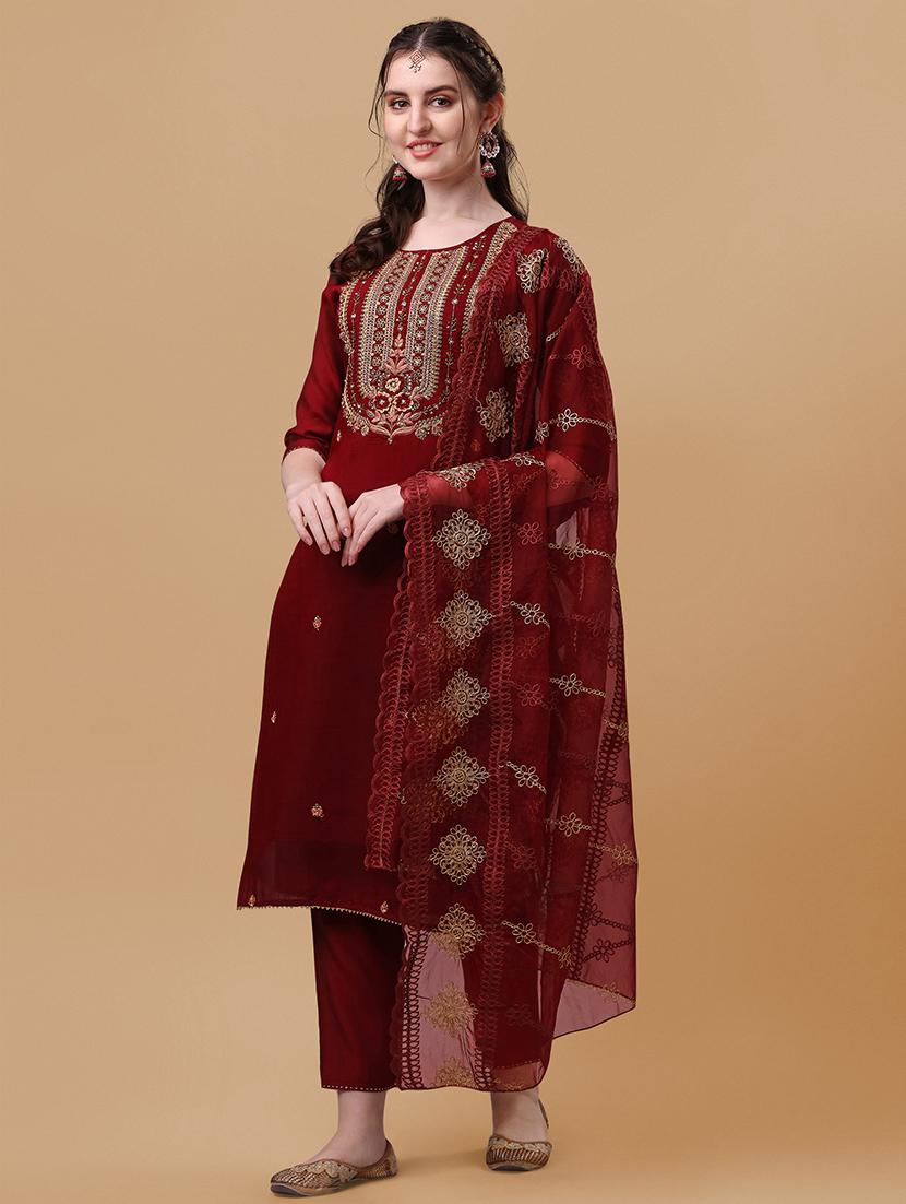 red self design kurta & dupatta set - 21296034 - Zoom Image - 0