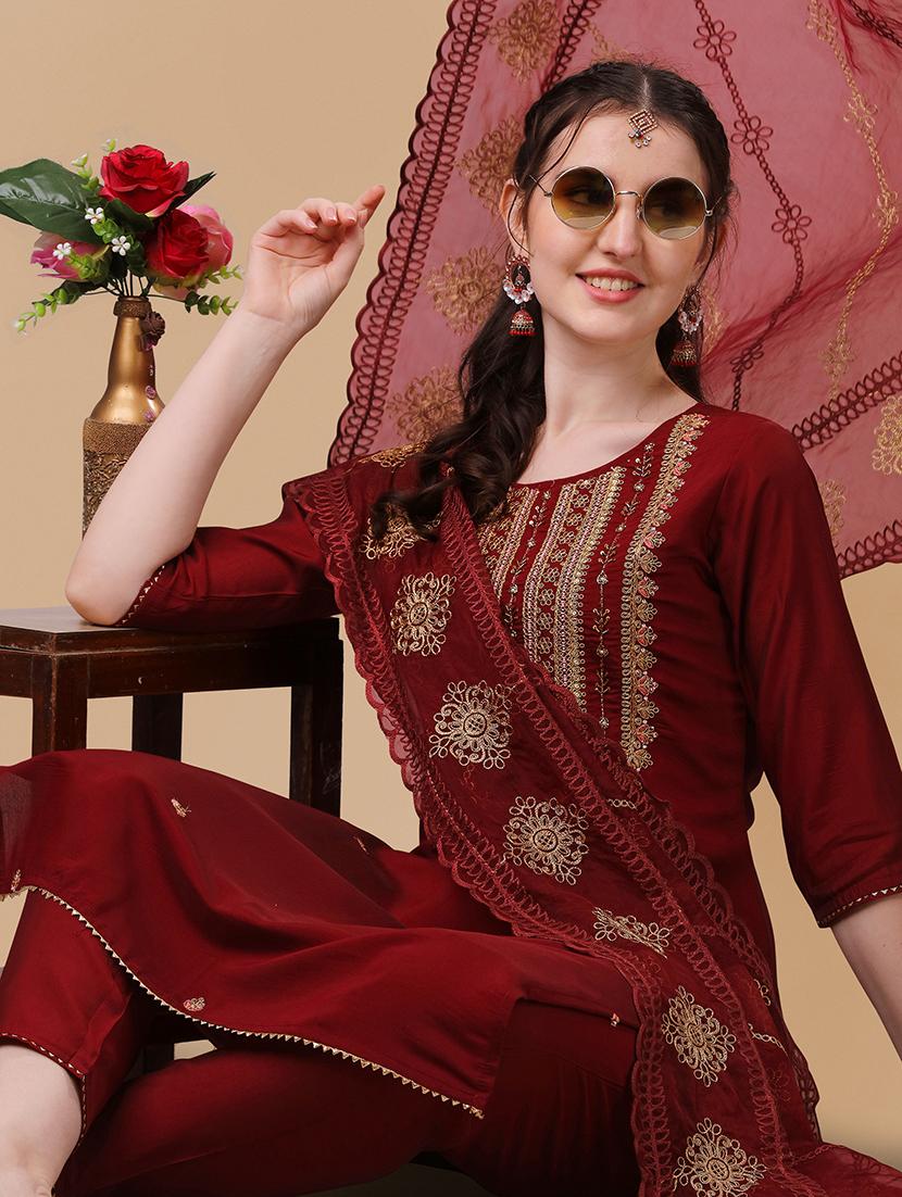 red self design kurta & dupatta set - 21296034 - Standard Image - 3