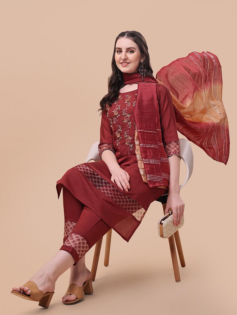 maroon self design kurta & dupatta set - 21296054 - Standard Image - 3