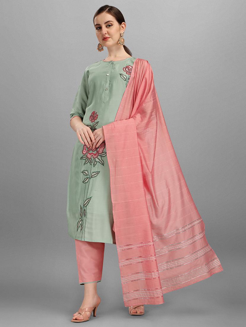 green self design kurta & dupatta set - 21296064 -  Zoom Image - 0