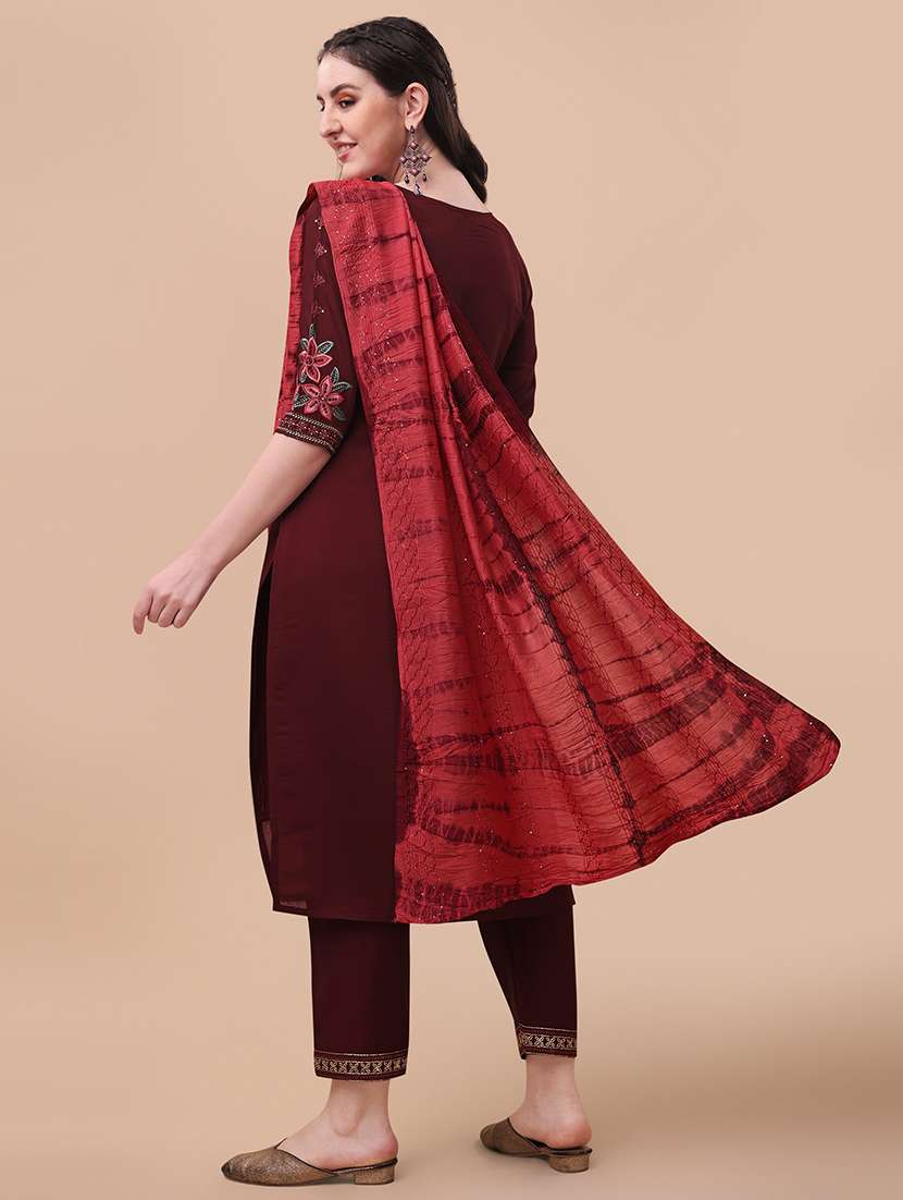 maroon self design kurta & dupatta set - 21296247 -  Standard Image - 3