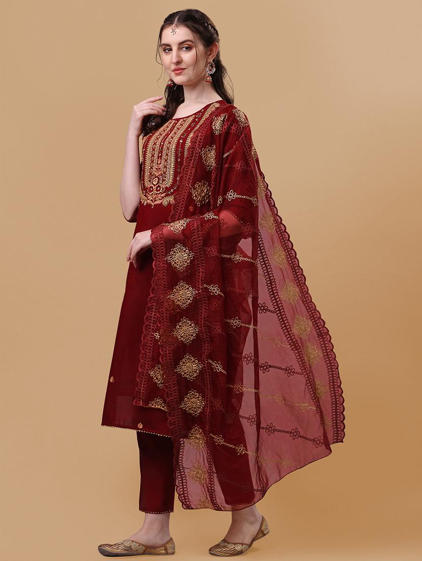 red self design kurta & dupatta set - 21296277 - Zoom Image - 0