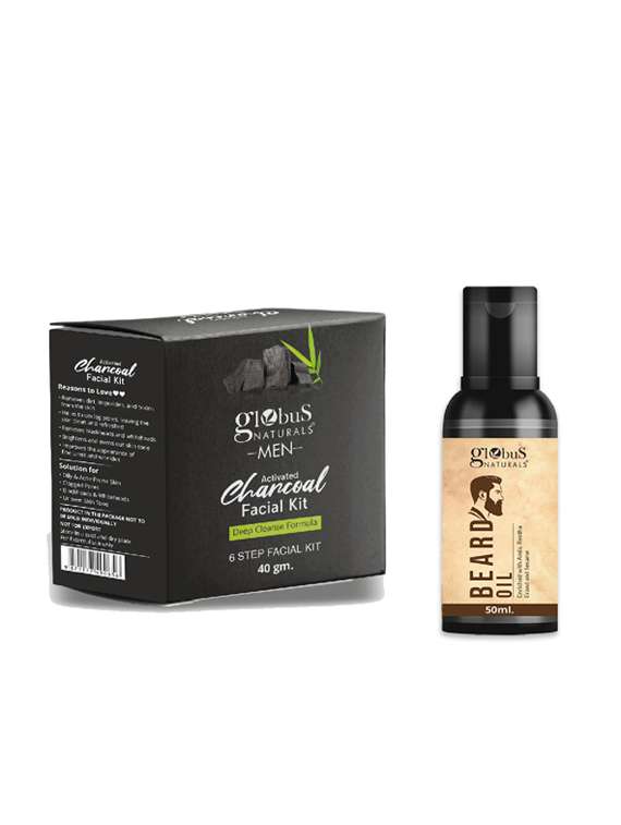 globus naturals charcoal men facial kit & beard oil combo pack, set of 2, for men, 90 gm