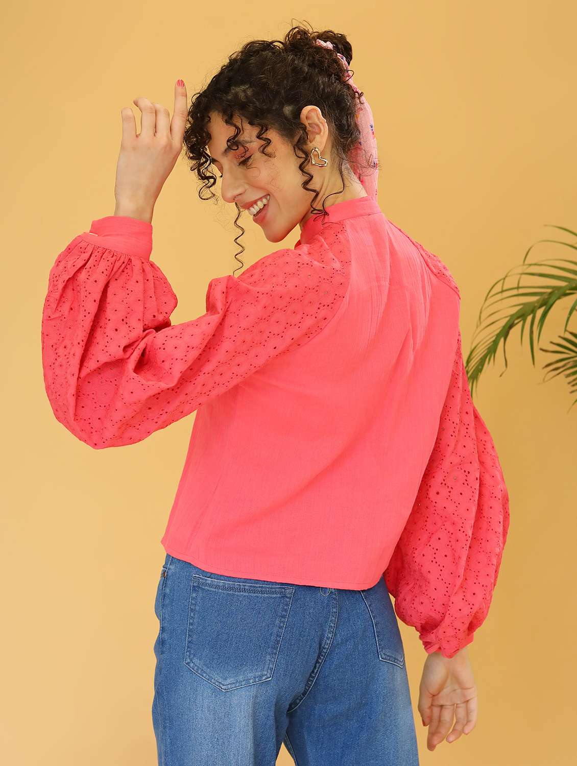 women solid schiffli detailed bishop sleeves top - 21297287 -  Standard Image - 3