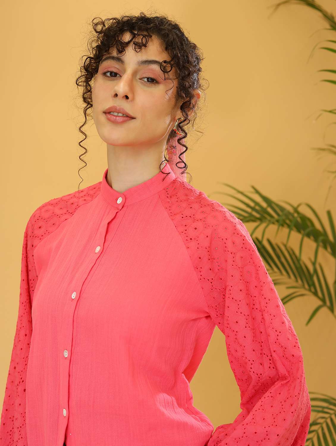 women solid schiffli detailed bishop sleeves top - 21297287 -  Standard Image - 5