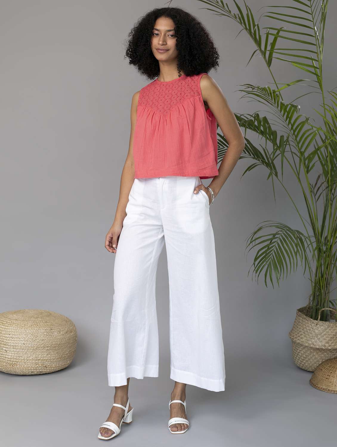 women solid sleeveless schiffli detailed a line top - 21297288 -  Standard Image - 3