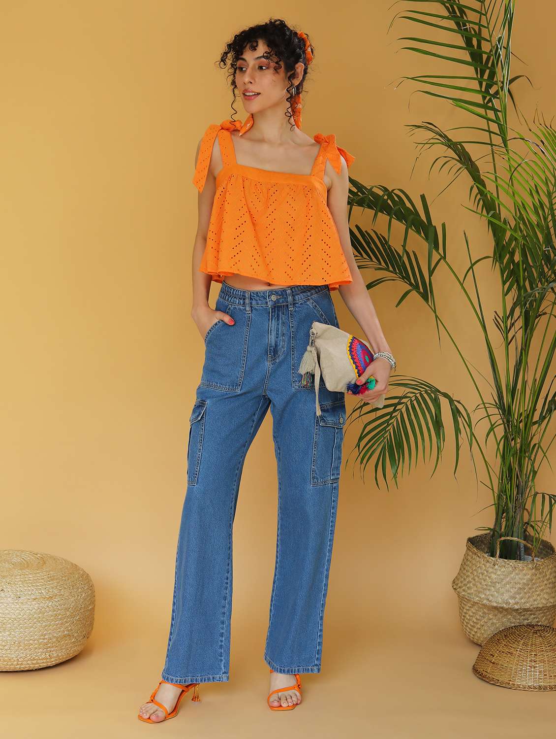 women solid schiffli tie up sleeves crop top - 21297290 -  Standard Image - 3