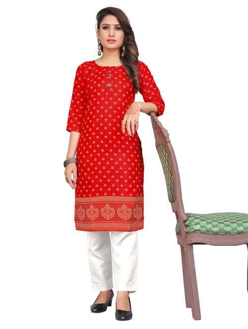 red polyester straight kurta - 21297533 - Standard Image - 0