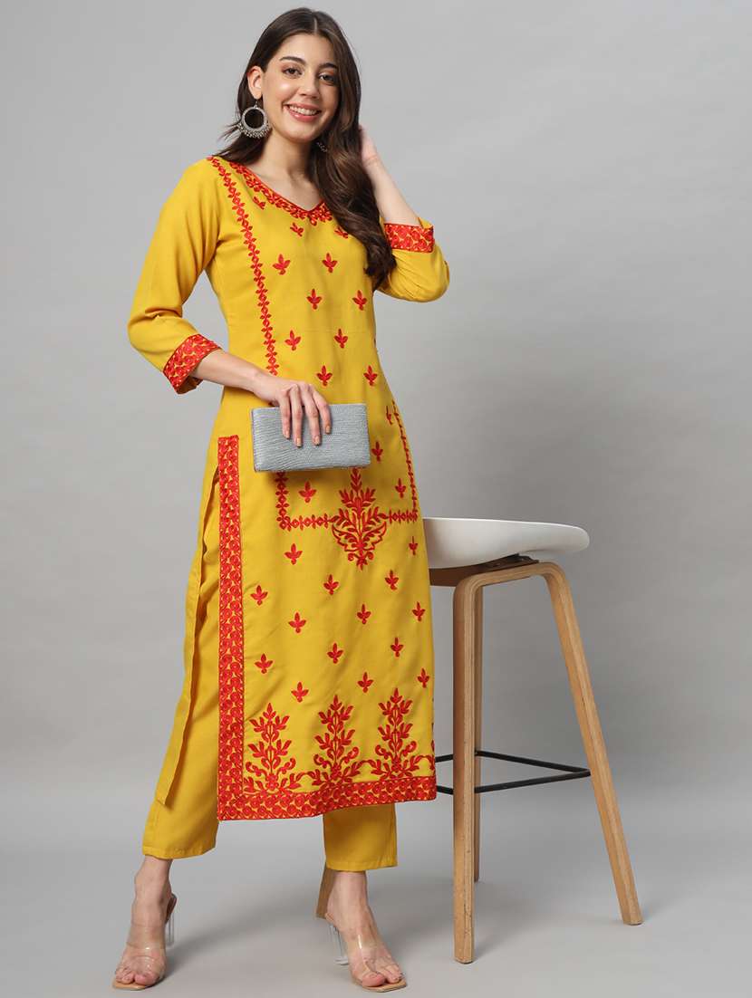 women yellow v neck kurta pant set