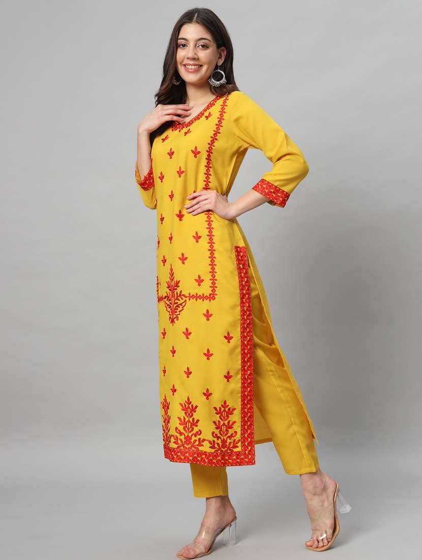 women yellow v neck kurta pant set - 21304162 - Standard Image - 3