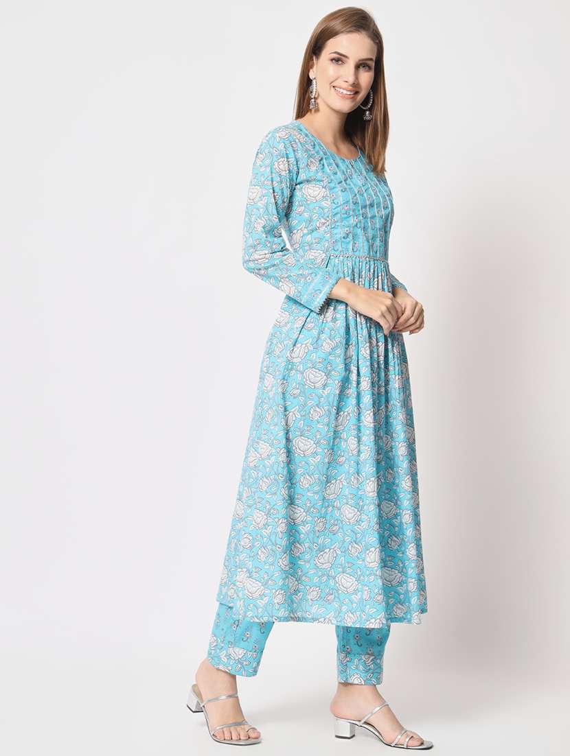 women light blue floral kurta pant set - 21304176 -  Standard Image - 3