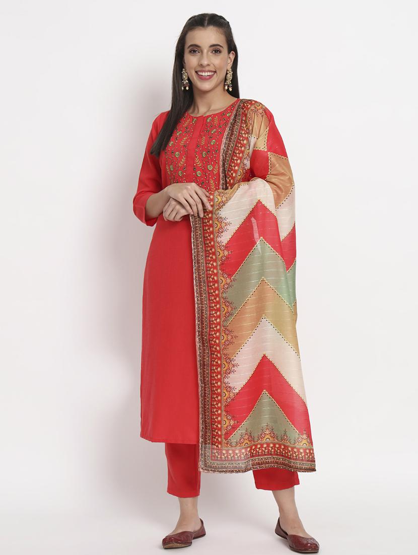 women three quarter sleeve kurta pant with dupatta set