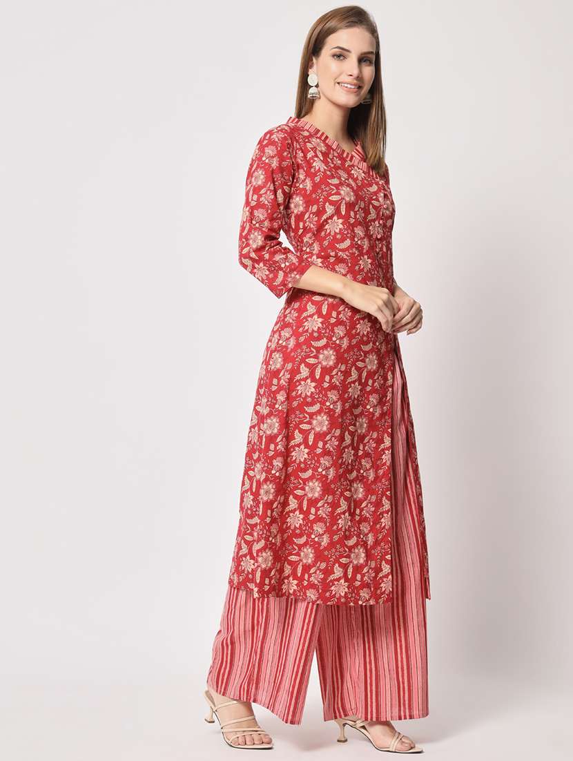women v neck kurta palazzo set  - 21304198 -  Standard Image - 3
