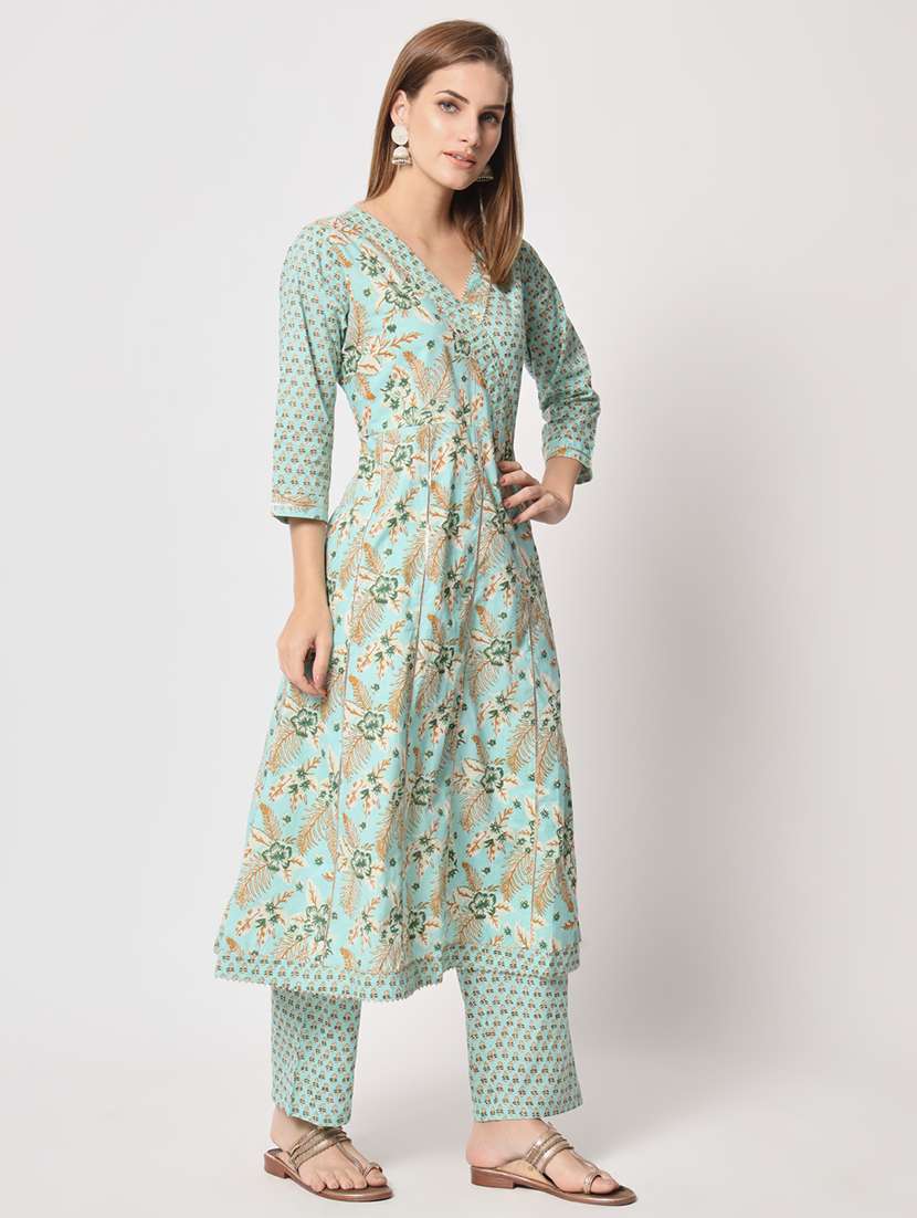 women sea green floral printed kurta palazzo set - 21304201 -  Standard Image - 3