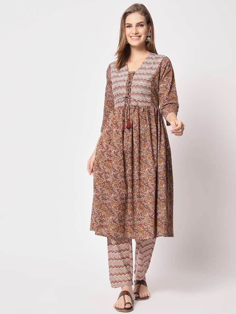 women brown three quarter sleeve kurta pant set
