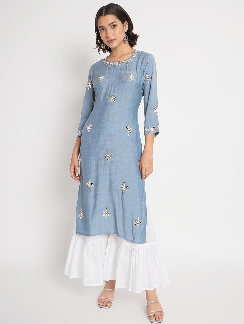 women light blue round neck kurta sharara set - 21304228 - Zoom Image - 0