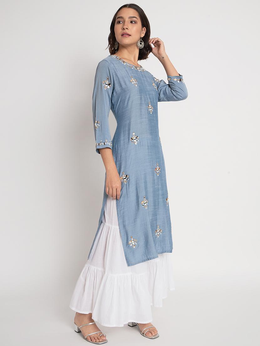 women light blue round neck kurta sharara set - 21304228 - Standard Image - 3