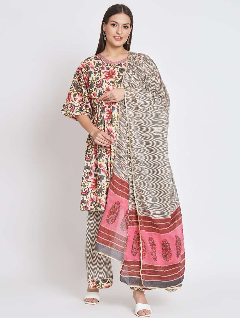 women elbow sleeve kurta palazzo with dupatta set