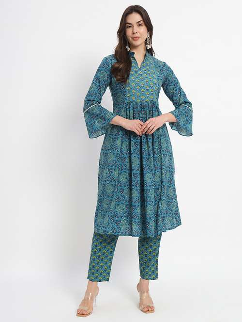 women teal printed kurta pant set - 21304239 - Standard Image - 0