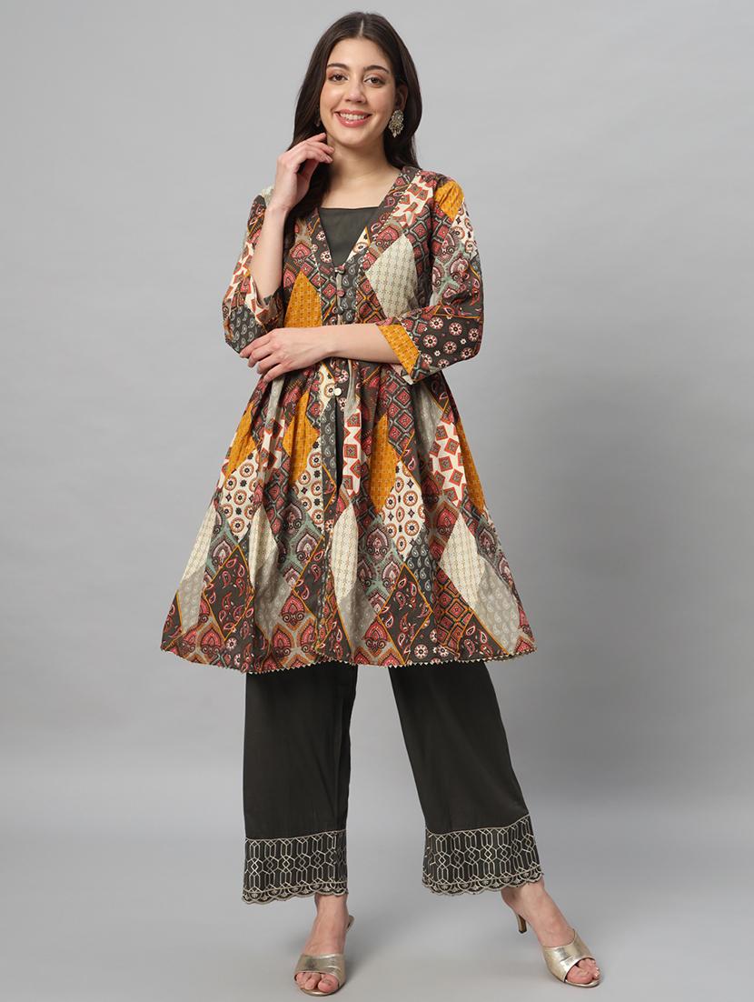 women grey printed kurta pant set - 21304259 - Standard Image - 3