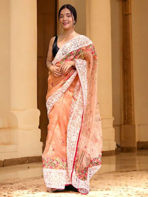 women peach embroidered saree with blouse - 21304294 - Standard Image - 0