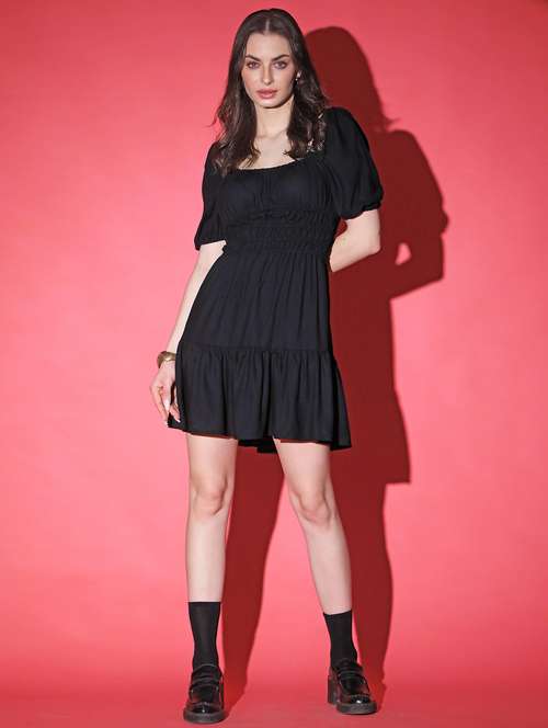 women solid black tiered dress - 21305004 -  Standard Image - 0