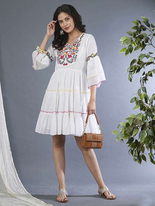 globus women white floral embroidered yoke flared sleeves gathered tiered fit & flare dress - 21305115 -  Standard Image - 0