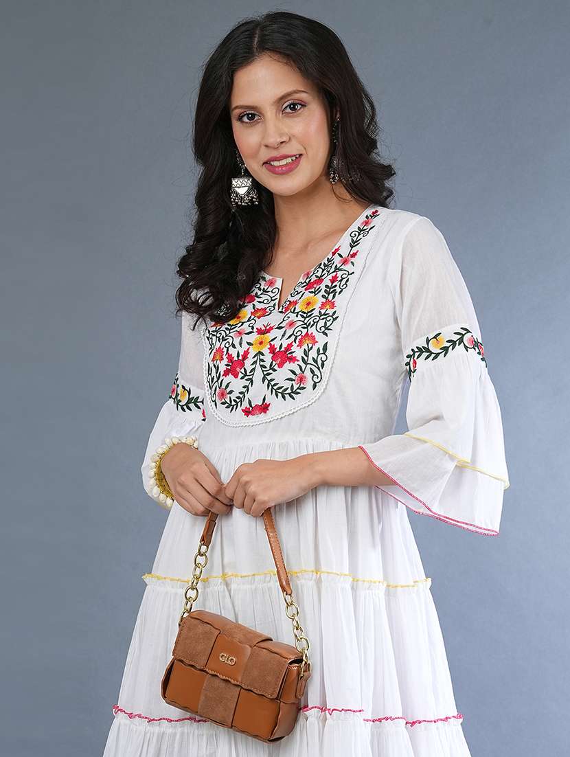globus women white floral embroidered yoke flared sleeves gathered tiered fit & flare dress - 21305115 -  Standard Image - 3