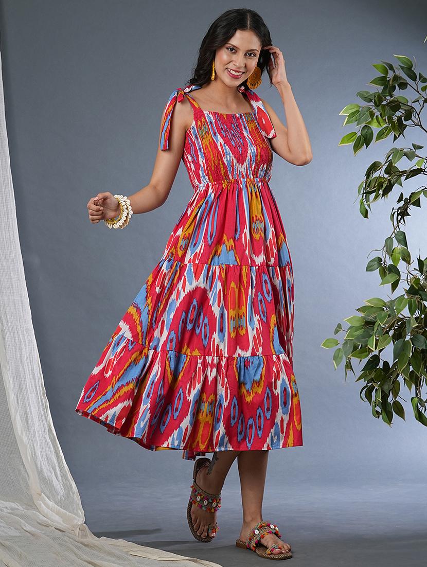 globus women red tie-up straps square neck allover bohemian print smocked fit & flare fusion midi dress - 21305118 -  Zoom Image - 0