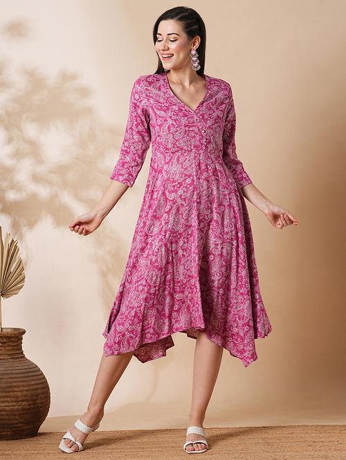 globus women pink allover printed a-line asymmetric midi dress - 21305196 - Standard Image - 0