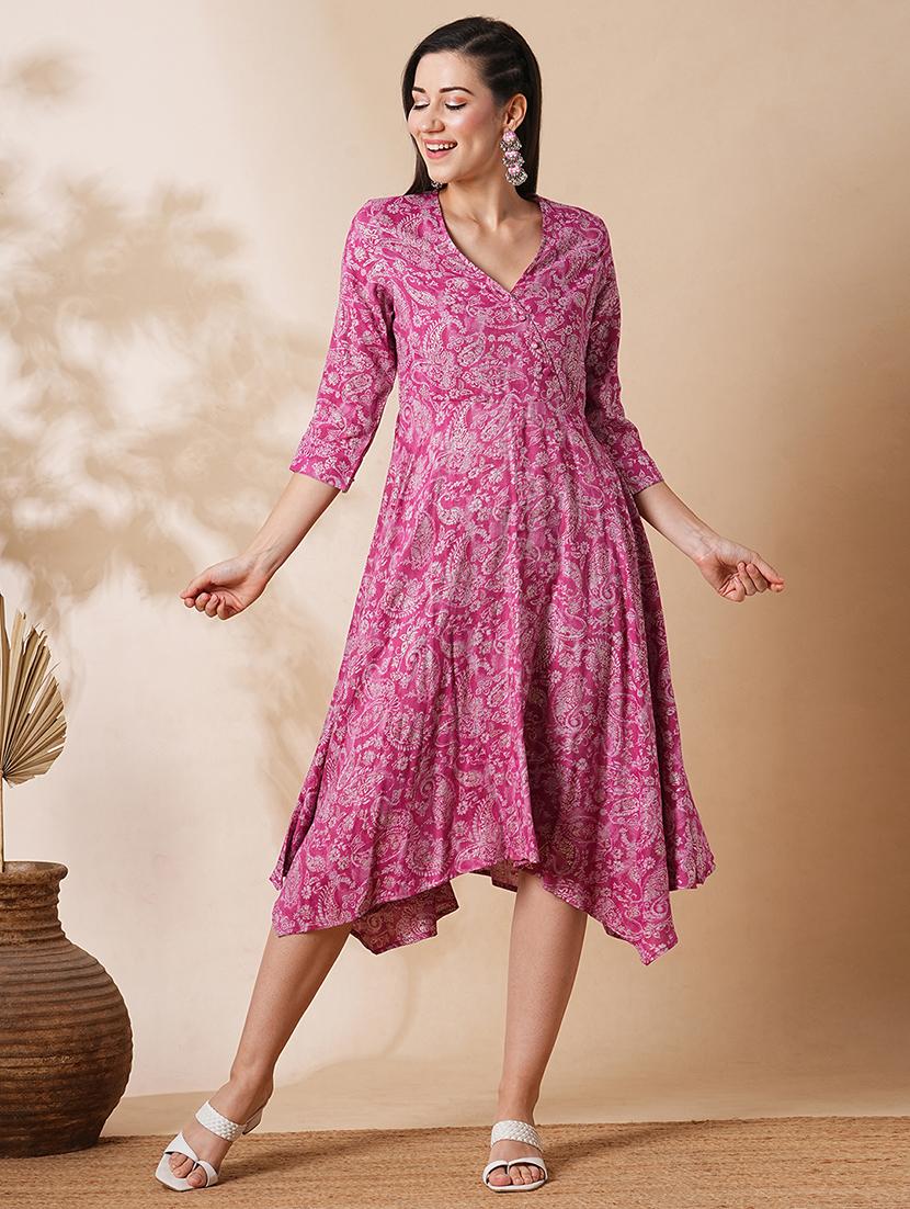 globus women pink allover printed a-line asymmetric midi dress - 21305196 - Zoom Image - 0