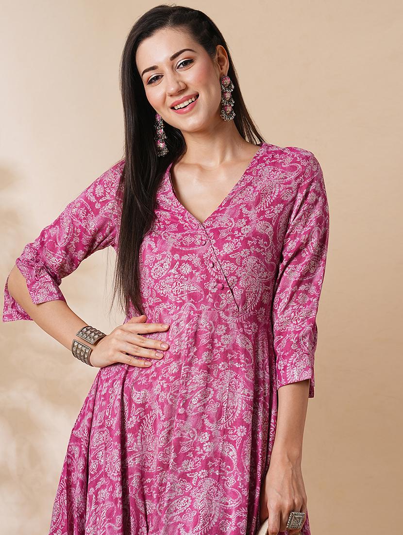 globus women pink allover printed a-line asymmetric midi dress - 21305196 - Standard Image - 3