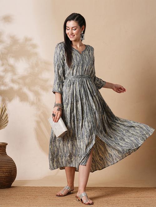 globus women grey embroidered neckline tie-dye pattern front slit a-line midi dress with belt - 21305198 - Standard Image - 0