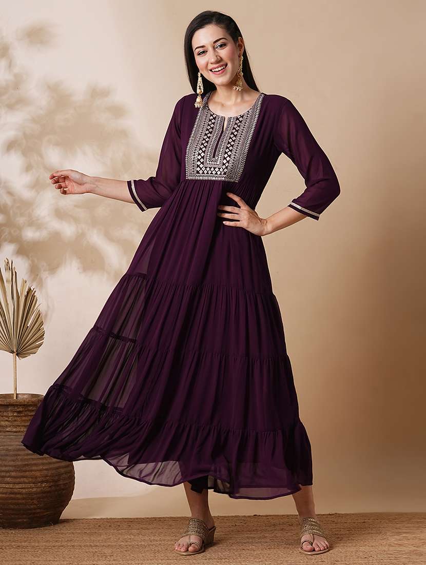 globus women purple embroidered & sequinned yoke fit & flare tiered festive maxi dress