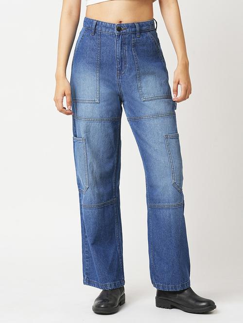 globus women light blue high rise straight fit washed cargo jeans - 21305204 - Standard Image - 0