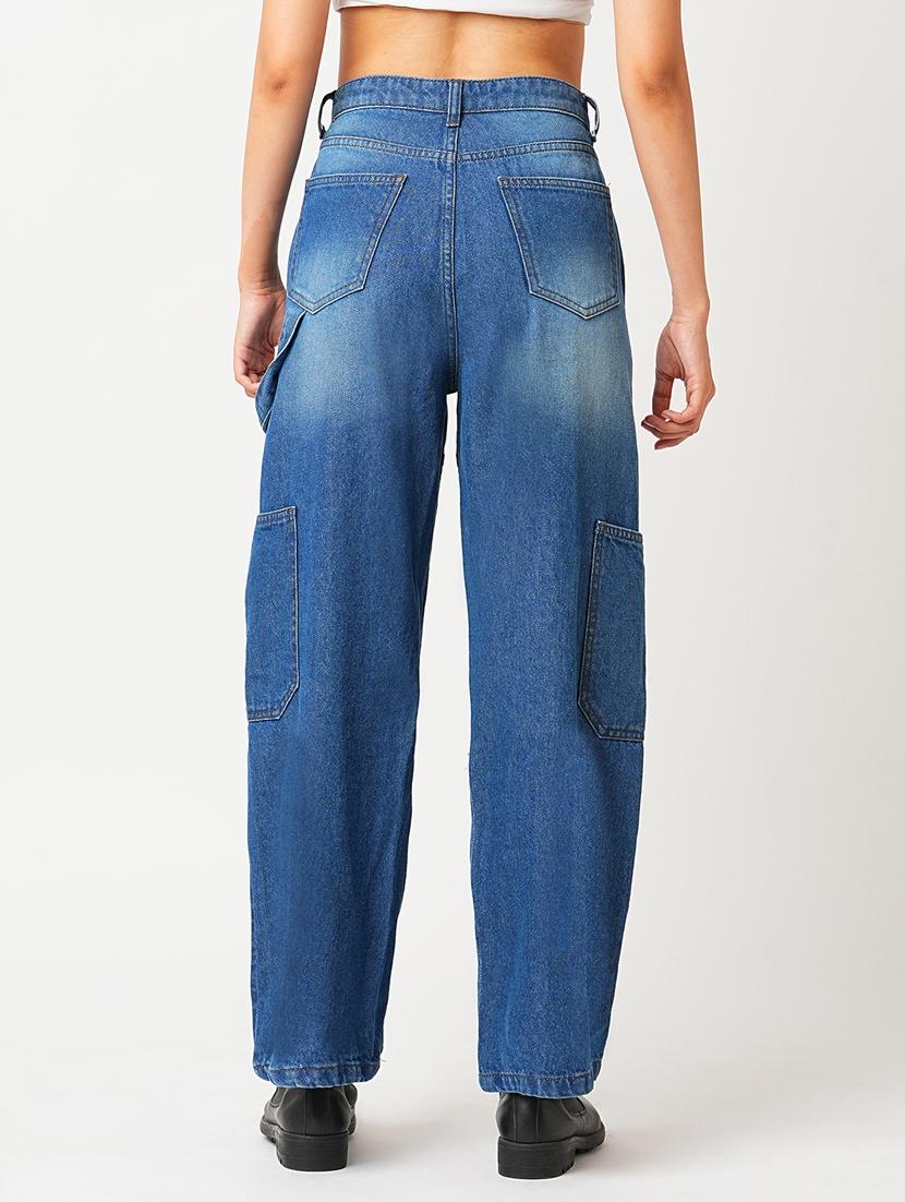 globus women light blue high rise straight fit washed cargo jeans - 21305204 - Standard Image - 3
